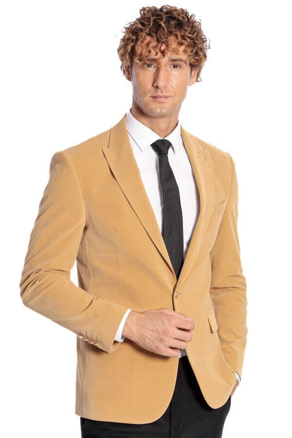 Wide Lapel Velvet Apricot Men Blazer - Wessi