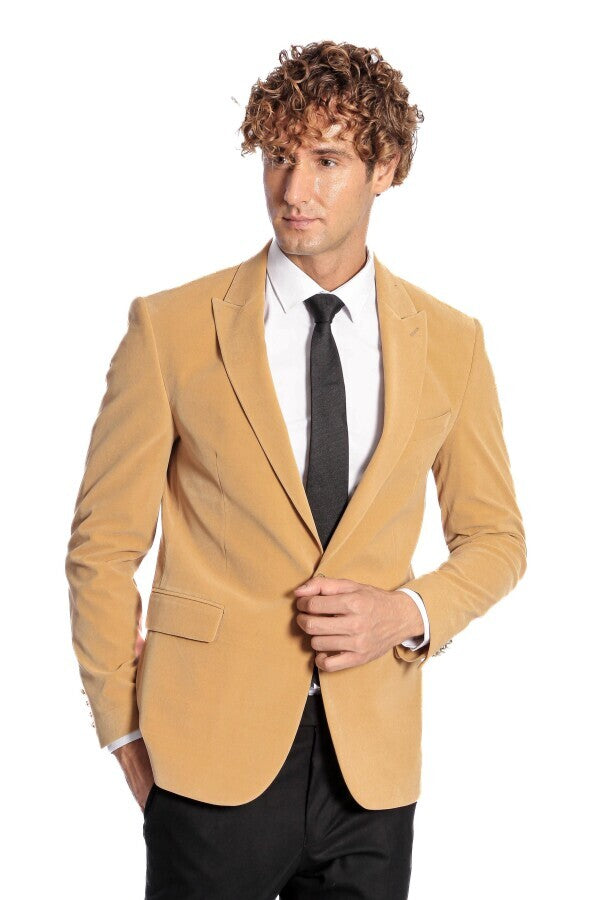 Wide Lapel Velvet Apricot Men Blazer - Wessi