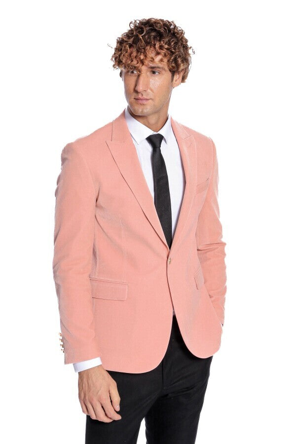 Wide Lapel Velvet Pink Men Blazer - Wessi