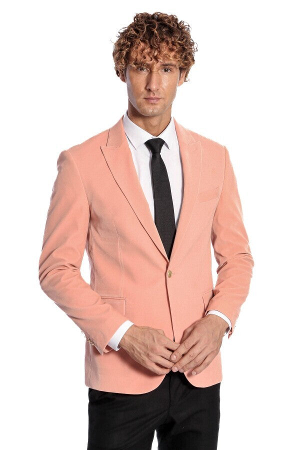 Wide Lapel Velvet Pink Men Blazer - Wessi