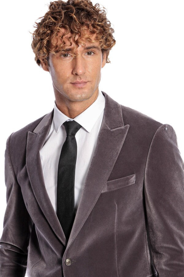 Wide Peak Lapel Single Button Velvet Grey Men Blazer - Wessi