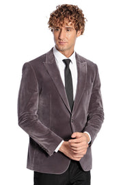 Wide Peak Lapel Single Button Velvet Grey Men Blazer - Wessi