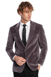 Wide Peak Lapel Single Button Velvet Grey Men Blazer - Wessi