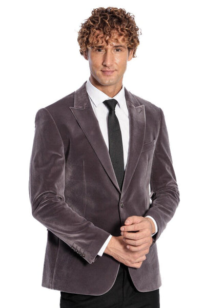 Wide Peak Lapel Single Button Velvet Grey Men Blazer - Wessi