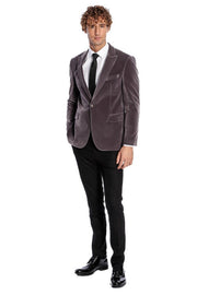 Wide Peak Lapel Single Button Velvet Grey Men Blazer - Wessi