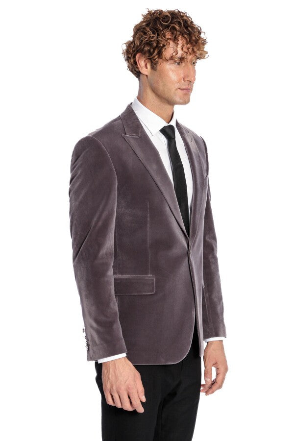 Wide Peak Lapel Single Button Velvet Grey Men Blazer - Wessi