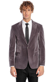 Wide Peak Lapel Single Button Velvet Grey Men Blazer - Wessi