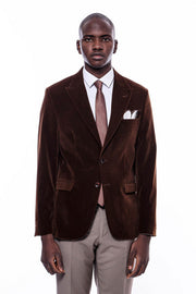 Wide Peak Lapel Velvet Brown Men Blazer - Wessi