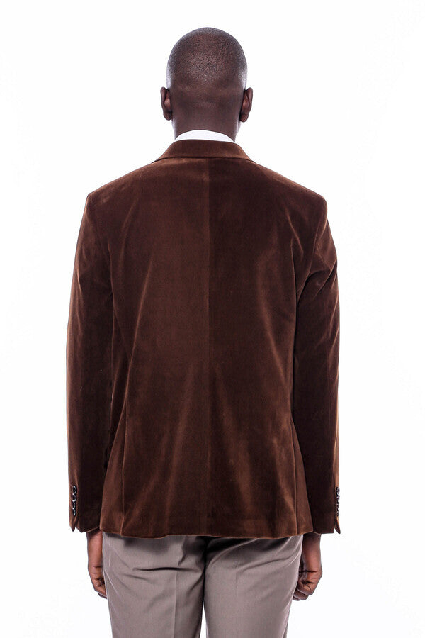 Wide Peak Lapel Velvet Brown Men Blazer - Wessi