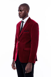 Wide Peak Lapel Velvet Burgundy Men Blazer - Wessi