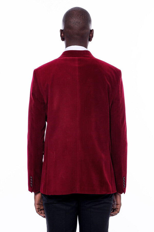 Wide Peak Lapel Velvet Burgundy Men Blazer - Wessi