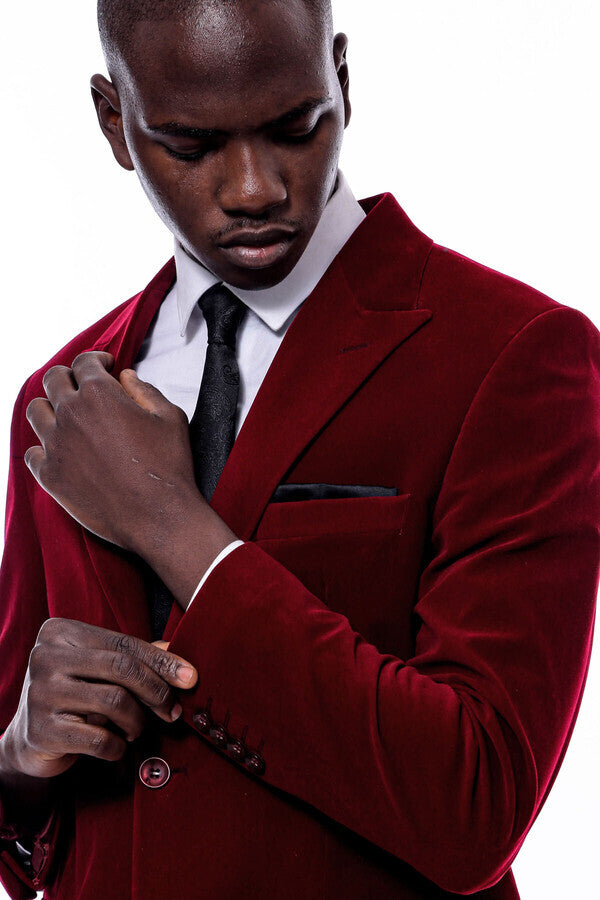 Wide Peak Lapel Velvet Burgundy Men Blazer - Wessi