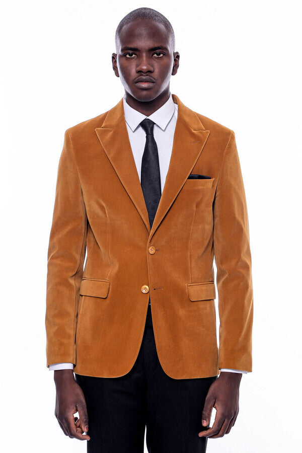 Wide Peak Lapel Velvet Yellow Blazer - Wessi