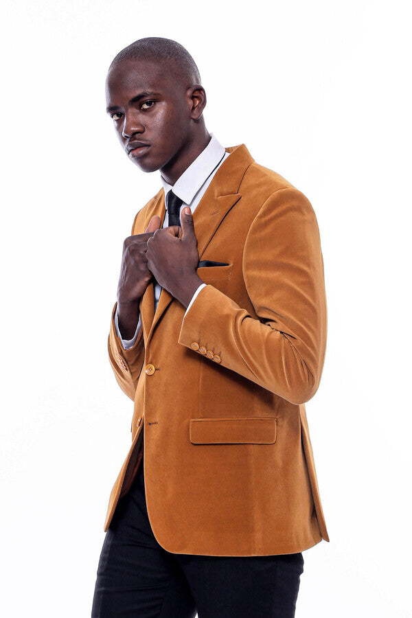 Wide Peak Lapel Velvet Yellow Blazer - Wessi