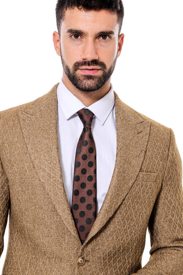 Wool Patterned Slim Fit Light Brown Men Blazer - Wessi