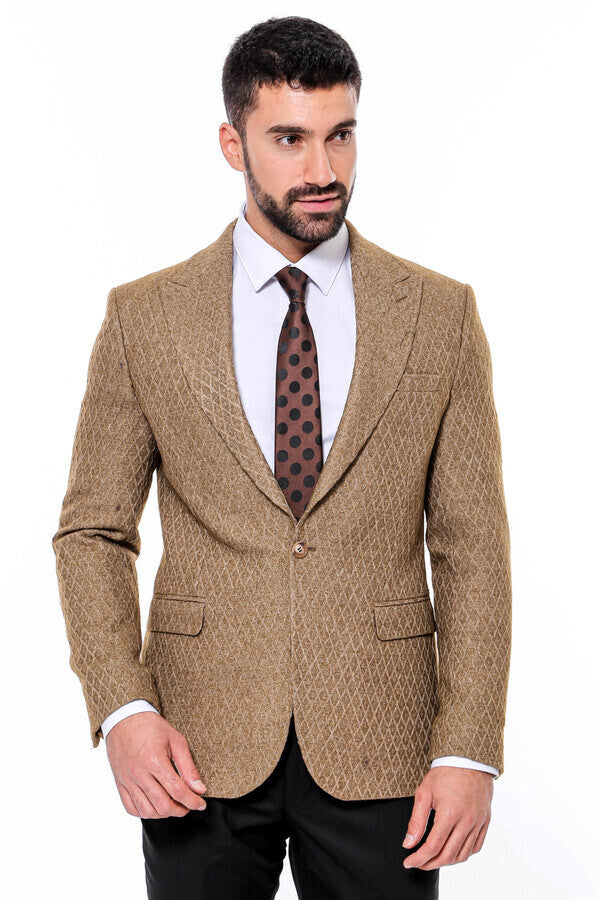 Wool Patterned Slim Fit Light Brown Men Blazer - Wessi