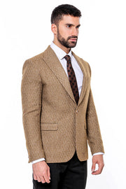 Wool Patterned Slim Fit Light Brown Men Blazer - Wessi