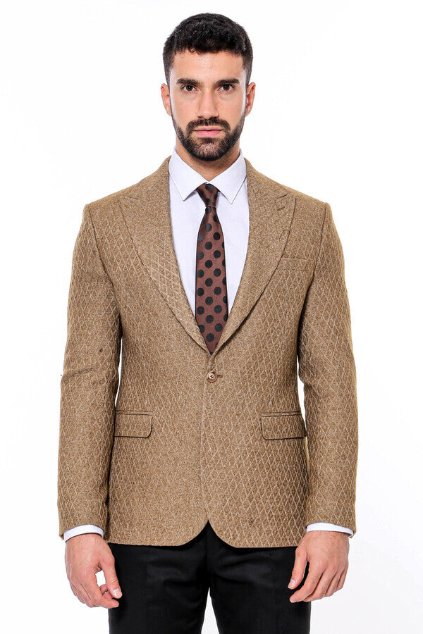 Wool Patterned Slim Fit Light Brown Men Blazer - Wessi