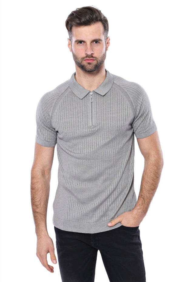 Polo Zippered Patterned Grey Knitted T-Shirt - Wessi