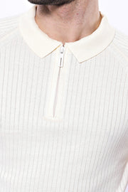 Polo Zippered Patterned Cream Knitted T-Shirt - Wessi