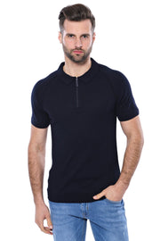 Patterned Tricot Knitted Navy Blue Men T-Shirt - Wessi