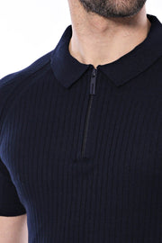 Polo Zippered Patterned Knitted Navy Blue Men T-Shirt - Wessi