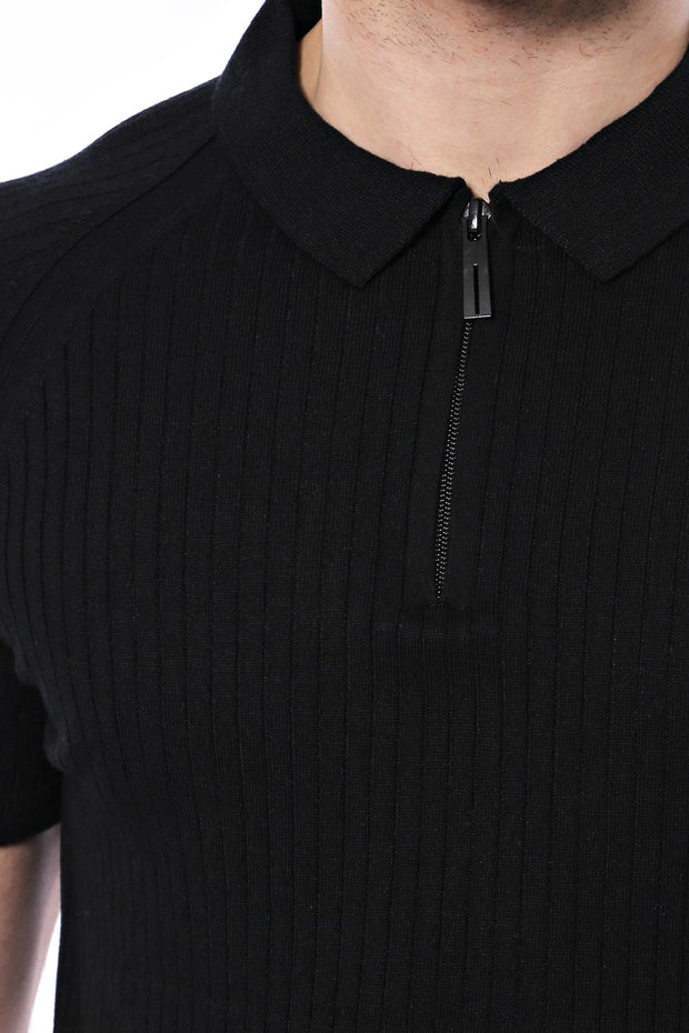 Polo Zippered Patterned Black Knitted T-Shirt - Wessi