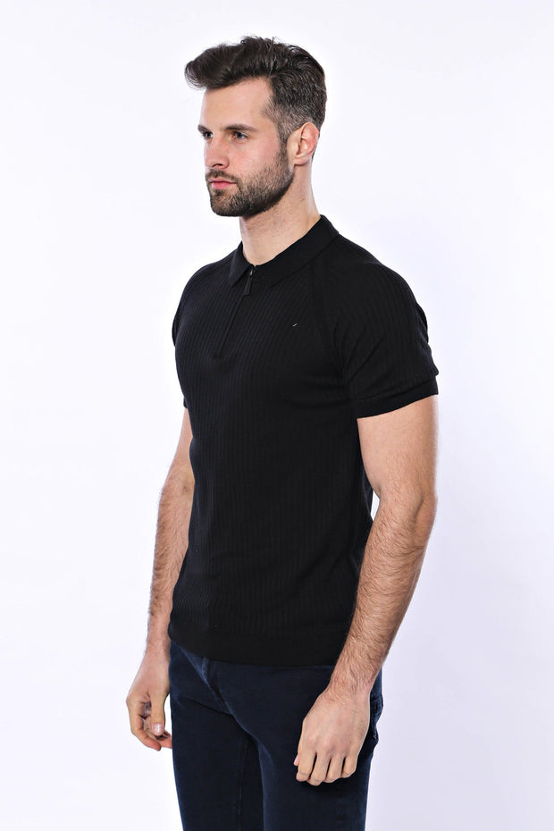 Polo Zippered Patterned Black Knitted T-Shirt - Wessi