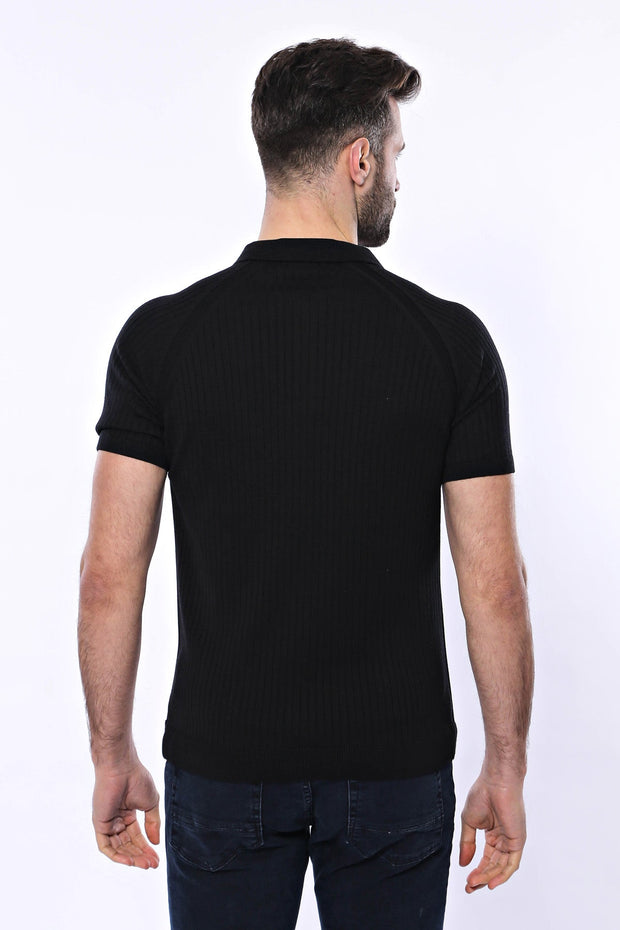 Polo Zippered Patterned Black Knitted T-Shirt - Wessi