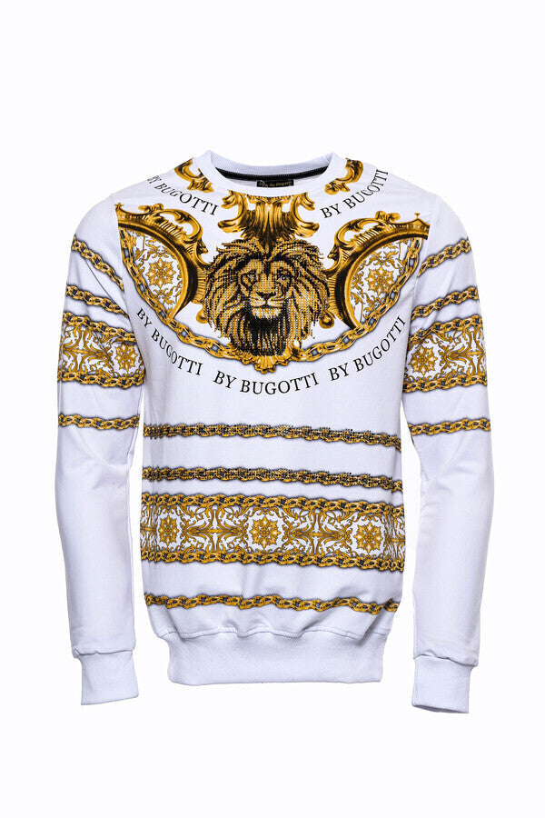 Yellow Lion Patterned Slim Fit White Sweatshirt - Wessi