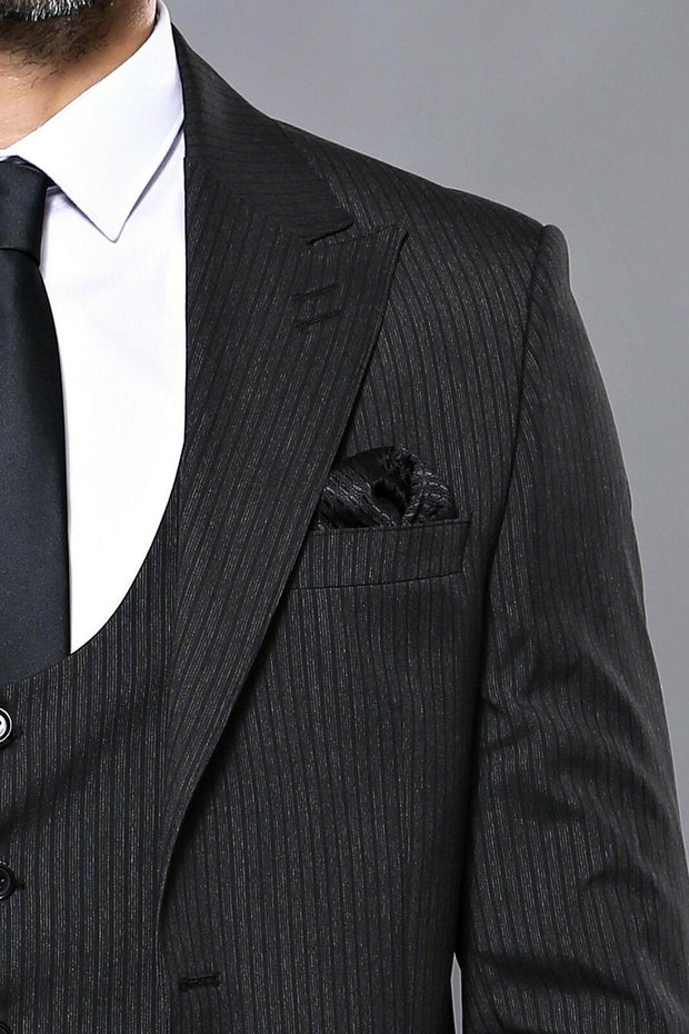 Patterned Dark Grey Vested Suit 3-piece-suit, 36, 38, 40, 44, Grey, Italian Suit, mens-suit_obsolete, Modern Fit, Peak, Peak Lapel, Slim Fit, Slim Fit Suit, Suit SuitSlim Fit Suit - wessi