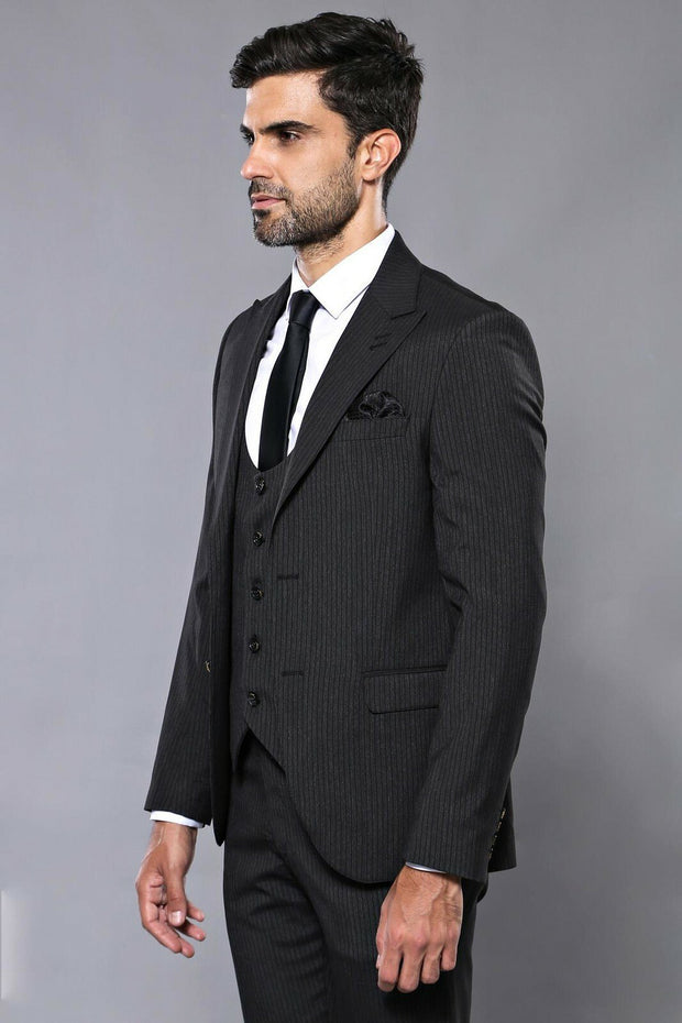 Patterned Dark Grey Vested Suit 3-piece-suit, 36, 38, 40, 44, Grey, Italian Suit, mens-suit_obsolete, Modern Fit, Peak, Peak Lapel, Slim Fit, Slim Fit Suit, Suit SuitSlim Fit Suit - wessi