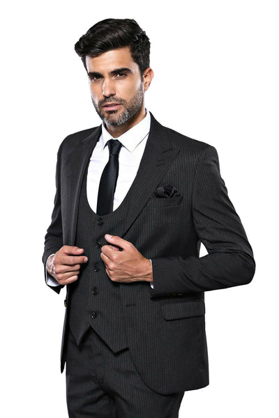 Patterned Dark Grey Vested Suit 3-piece-suit, 36, 38, 40, 44, Grey, Italian Suit, mens-suit_obsolete, Modern Fit, Peak, Peak Lapel, Slim Fit, Slim Fit Suit, Suit SuitSlim Fit Suit - wessi