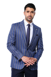 Striped Navy Blue Blazer $50 - $100, 36, 38, 40, 42, 44, 46, 48, 6 Drop, Blue, Blue Blazer, casal, Italian, Men's Blazers, Modern Fit, Navy, Navy Blue, Party, Peak, Peak Lapel, Slim Fit, Spor