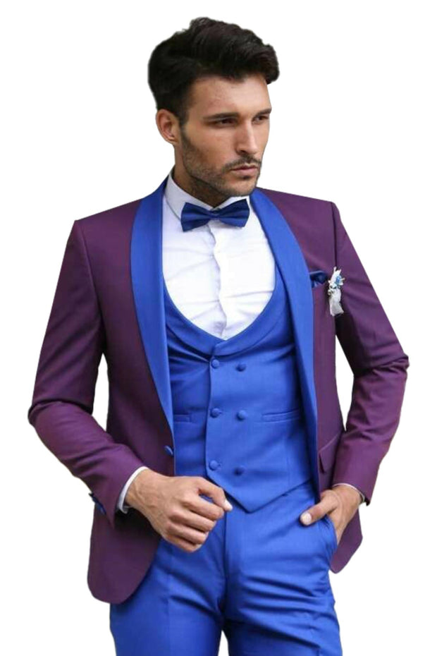 Vested Combined Burgundy-Blue Tuxedo 3 Piece Suits, 3-piece-suit, 34, 42, 48, 50, Party, Suit, Wedding OutletSuit - wessi