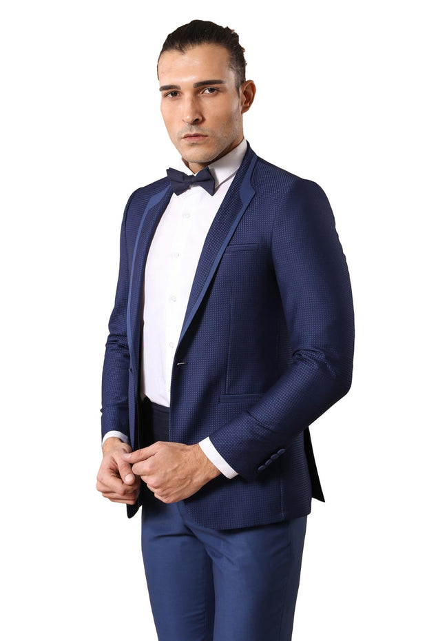 Dot Patterned Dark Blue Tuxedo Suit 3-piece-suit, 34, 36, 38, 40, 44, Blue, Dot Patterned, Modern Fit, Navy, Navy Blue, Party, Slim Fit, Slim Fit Suit, Suit, Wedding OutletTuxedo - wessi