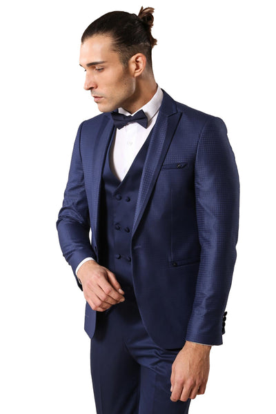 Patterned Vested Dark Blue Tuxedo 3-piece-suit, 34, 36, 38, 40, Blue, Double Breasted, mens-suit_obsolete, Modern Fit, Navy, navy-blue, Party, Slim Fit, Slim Fit Suit, Suit, Wedding OutletSui