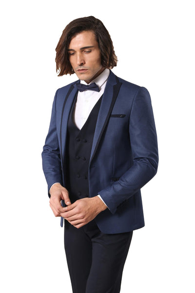 Dot Patterned Vested Blue Tuxedo Suit $50 - $100, 3-piece-suit, 34, 36, 38, 40, 6 Drop, Blue, Dot Patterned, Double Breasted, Italian Suit, Modern Fit, Navy, Navy Blue, Party, Peak, Peak Lape