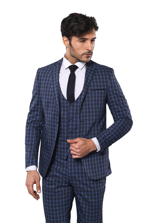 Checked Vested Navy Slim-Fit Suit 3-piece-suit, 40, Blue, Checked, mens-suit_obsolete, Modern Fit, Navy, Navy Blue, Peak, Peak Lapel, Plaid, Slim Fit, Slim Fit Suit, Suit OutletSuit - wessi