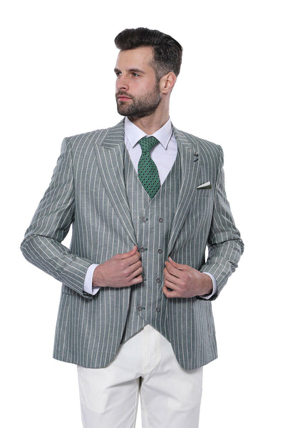 Green Striped Suit 3-piece-suit, 34, 36, 38, 40, 44, 46, Double Breasted, Modern Fit, Peak, Peak Lapel, Slim Fit, Striped Suit, Suit OutletSuit - wessi