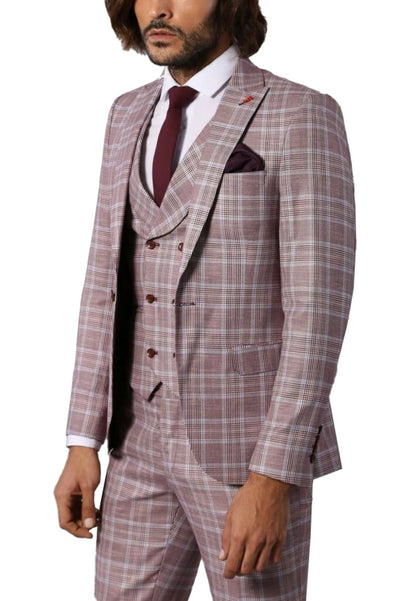 Checked Burgundy Slim-Fit Suit $50 - $100, 3-piece-suit, 40, 42, 44, Casual, Casual Suit, Checked, Daily, Modern Fit, Peak, Peak Lapel, Pink, Plaid, Plaid Suit, Slim Fit, Slim Fit Suit, Suit 