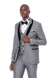 Patterned Grey Velvet Lapel Groom Suit $150 - $200, 3 Piece Tuxedo, 3-piece-suit, 34, 36, 38, 40, 42, 44, 46, 48, 6 Drop, Dot Patterned, Italian, Italian Suit, Modern Fit, Party, Patterned, S