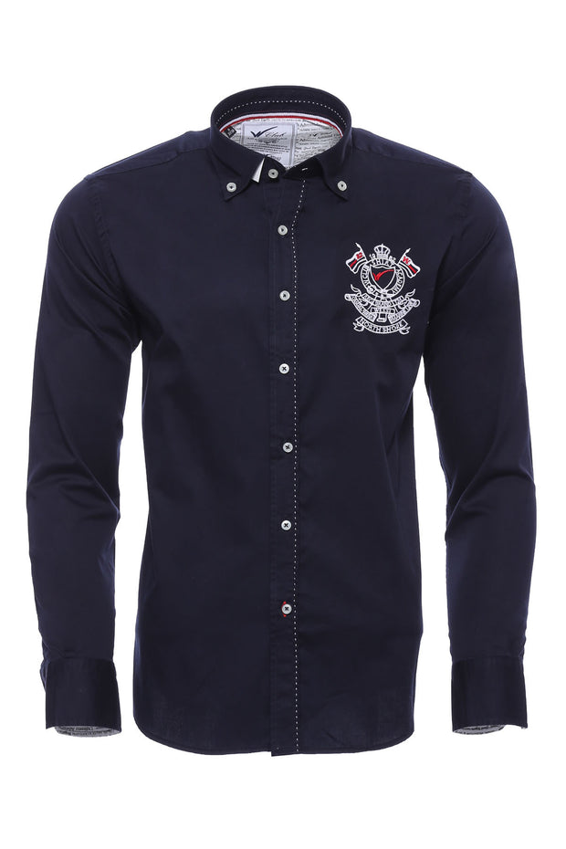 Emblemed Long Sleeve Navy Blue Shirt 3-piece-suit, Blue, Casual, Cuff, Daily, Embroidered, Italian, Long Sleeve, Modern Fit, Navy, navy-blue, S, Shirt, Slim Fit, Slim Fit Shirt, Sport ShirtSl