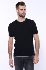 Black Patterned Tricot Knitted T-Shirt