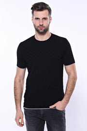 Black Patterned Tricot Knitted T-Shirt