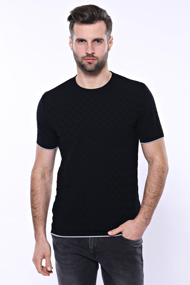 Black Patterned Tricot Knitted T-Shirt