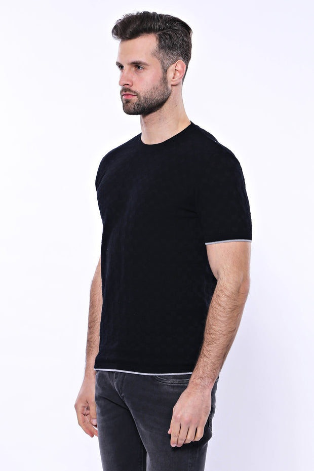 Black Patterned Tricot Knitted T-Shirt