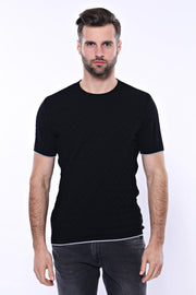 Black Patterned Tricot Knitted T-Shirt