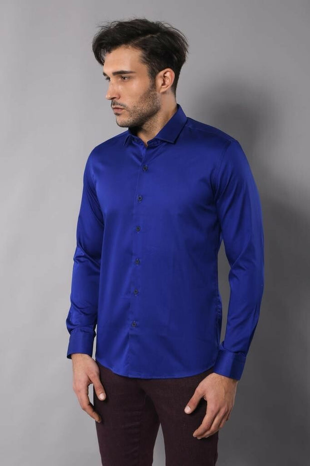 Blue Satin Shirt | Wessi 3-piece-suit, Basic, Casual, Daily, Italian, Modern Fit, Plain, Satin Blend, Shirt, Slim Fit, Slim Fit Shirt ShirtSlim Fit Shirt - wessi