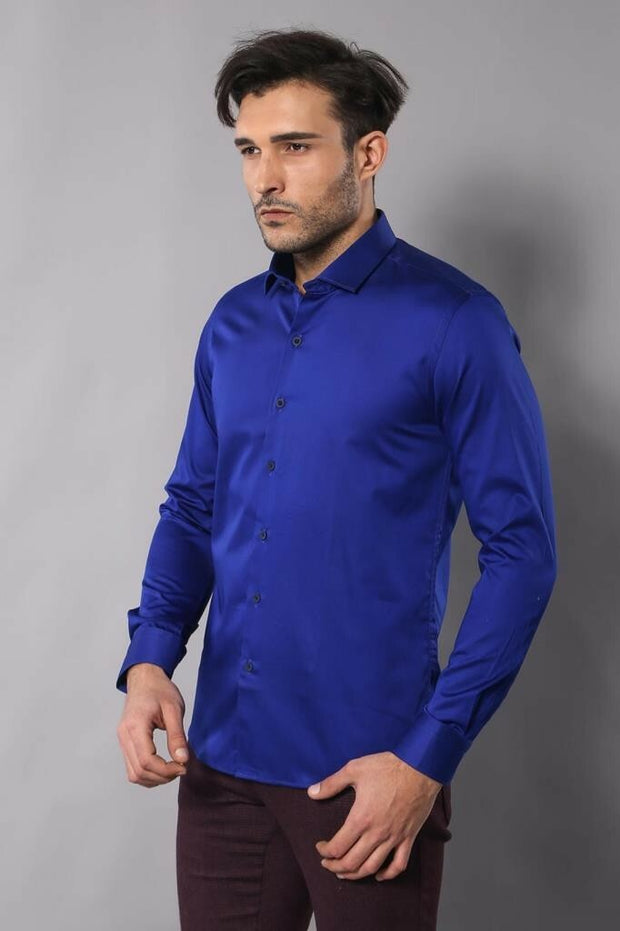 Blue Satin Shirt | Wessi 3-piece-suit, Basic, Casual, Daily, Italian, Modern Fit, Plain, Satin Blend, Shirt, Slim Fit, Slim Fit Shirt ShirtSlim Fit Shirt - wessi